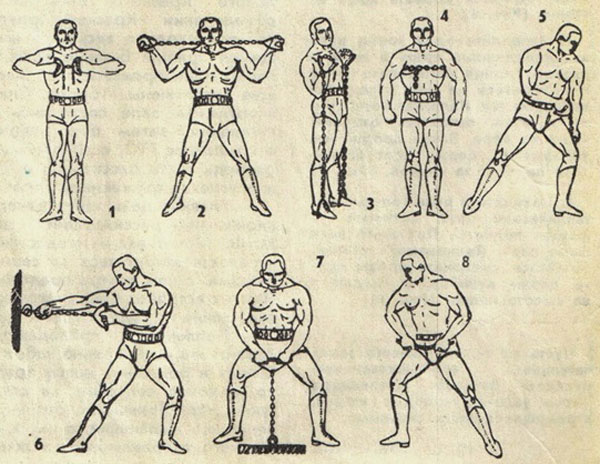 Figure drawings of old school isometric strength training exercises with chains